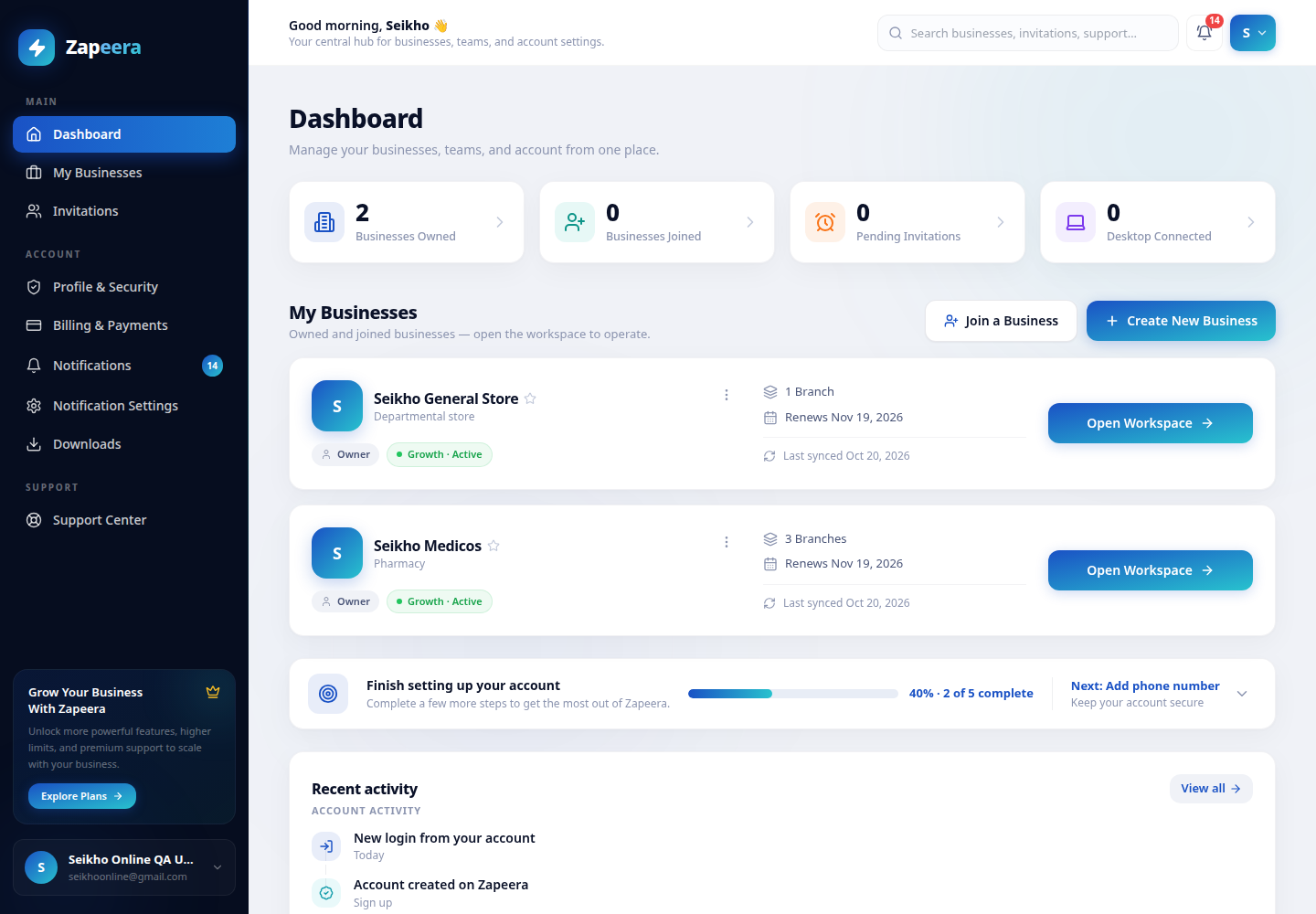 Zapeera dashboard — all your businesses, stock and teams in one hub