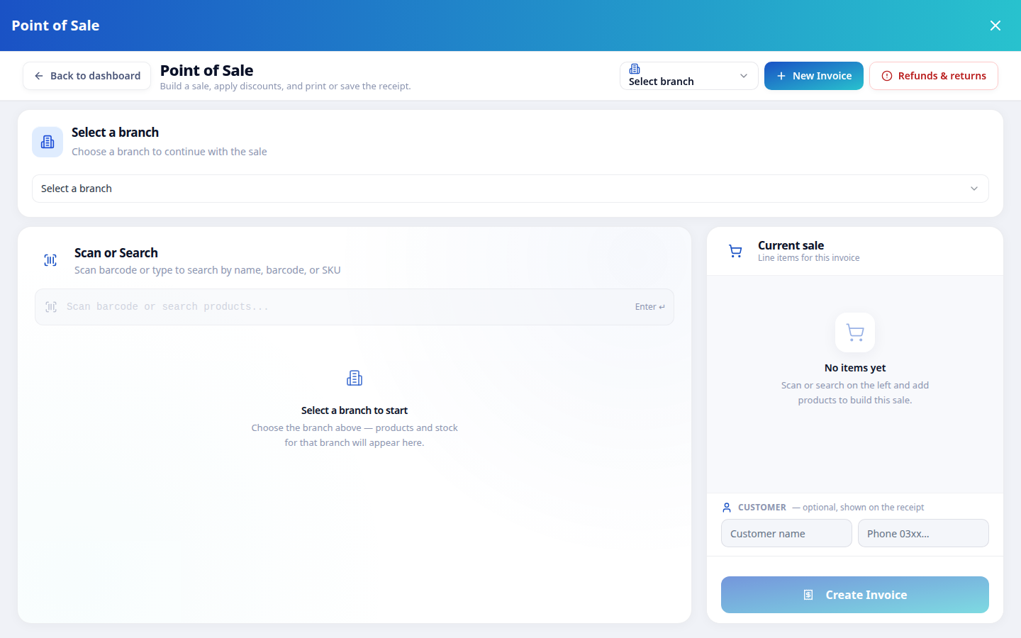 Zapeera POS register — scan or search products, batch and expiry shown per line, one clear checkout